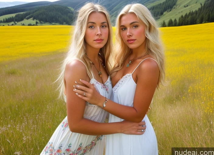 ai nude image of two women in white dresses standing in a field of yellow flowers pics of Sorority 18 Blonde White Vintage Meadow 70s Boots Sundress Jewelry Detailed Sexy Face Long Hair Two Kisses