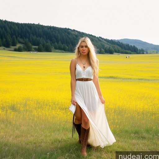 ai nude image of blond woman in white dress standing in a field of yellow flowers pics of Sorority 18 White Vintage Meadow 70s Boots Sundress Jewelry Detailed Sexy Face Long Hair Two Kisses Blonde