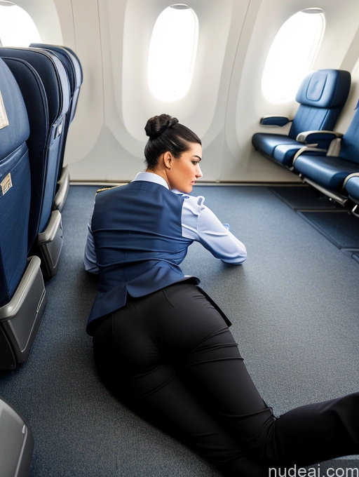 ai nude image of arafed woman sitting on the floor in an airplane with her back to the camera pics of Hair Bun Flight Attendant Back View Big Ass On Back Black Hair