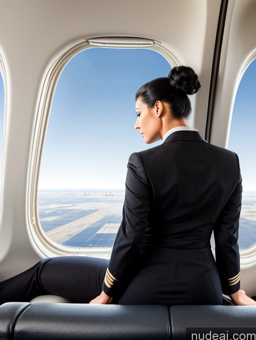 ai nude image of arafed woman in a suit sitting on a seat looking out an airplane window pics of Hair Bun Flight Attendant Back View Big Ass On Back Black Hair