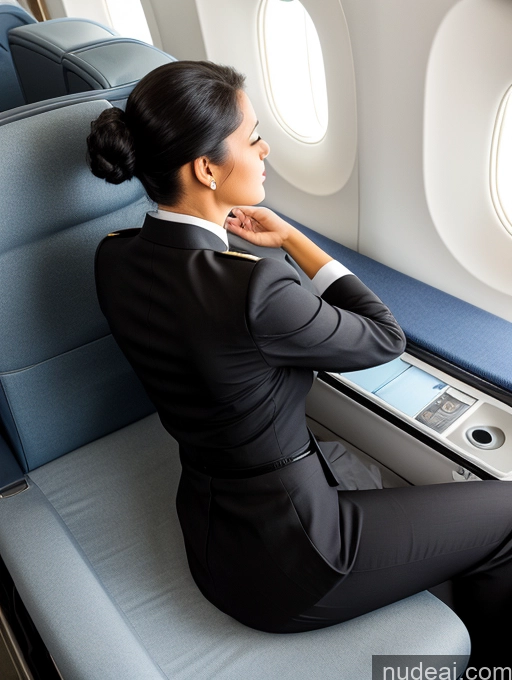 ai nude image of woman sitting on a seat in an airplane looking out the window pics of Hair Bun Flight Attendant Back View Big Ass On Back Black Hair