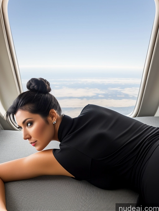 ai nude image of woman in black dress laying on seat in airplane looking out window pics of Hair Bun Flight Attendant Back View Big Ass On Back Black Hair