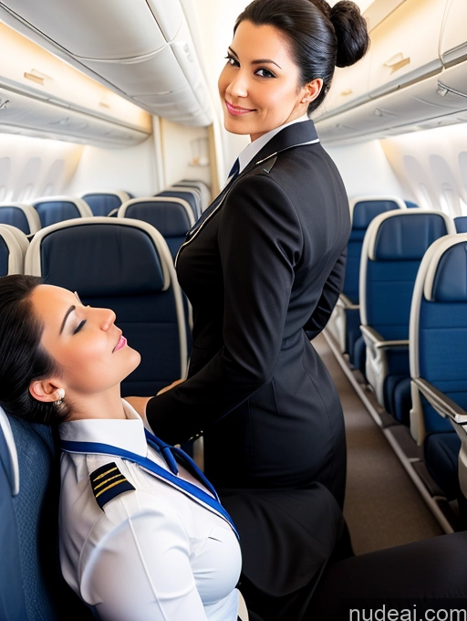 ai nude image of arafed woman in uniform sitting on a plane with a woman in a uniform pics of Hair Bun Flight Attendant Back View Big Ass On Back Black Hair