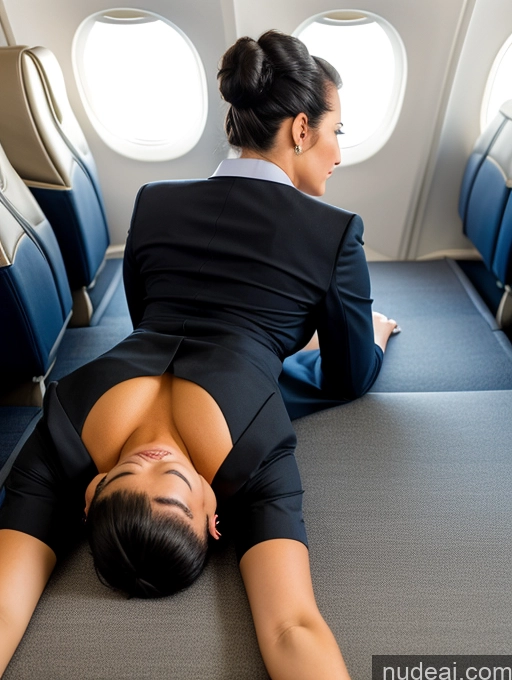 ai nude image of arafed woman in a black suit laying on a blue seat in an airplane pics of Hair Bun Flight Attendant Back View Big Ass On Back Black Hair