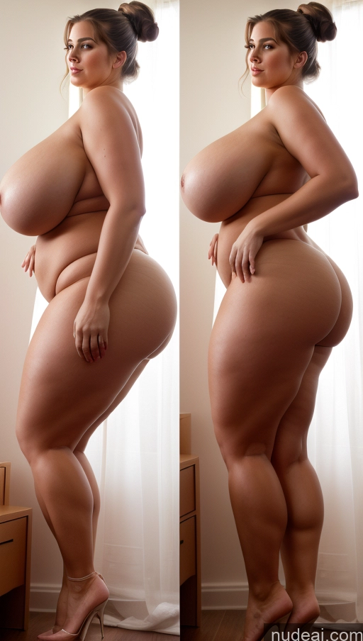 ai nude image of araffe woman with huge butt showing off her big ass pics of 30s Huge Boobs Busty Perfect Boobs Beautiful Big Ass Thick Tall Abs Perfect Body Persian Brunette Hair Bun Side View Vintage Bright Lighting Partially Nude Onoff