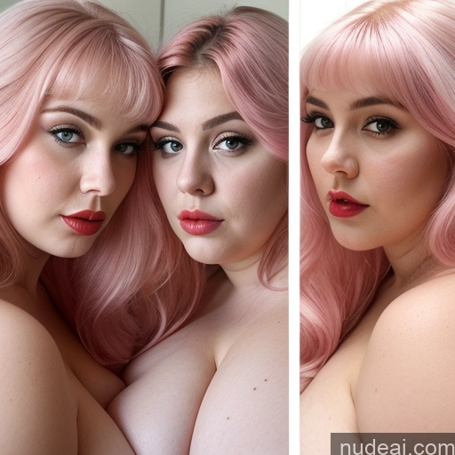 ai nude image of two women with pink hair and big breasts posing for a picture pics of Huge Boobs Chubby Big Hips Big Ass Fairer Skin 18 Pink Hair Long Hair Persian Lipstick