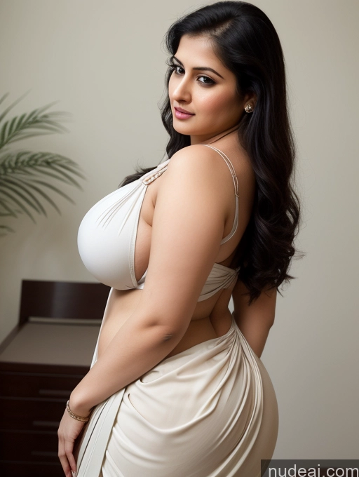 ai nude image of araffe woman in a white dress posing for a picture pics of Perfect Boobs Beautiful Big Ass Thick Big Hips Fairer Skin Seductive Black Hair Several Sexy Face Indian 20s Sari Woman