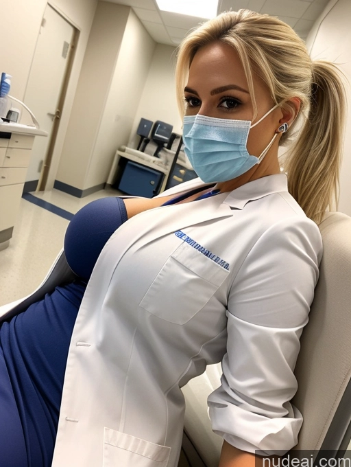 ai nude image of arafed woman in a white lab coat and blue pants sitting in a chair pics of Model Busty Perfect Boobs Small Tits Big Ass Blonde Hospital Face Mask Lab Coat Ponytail Cleavage On Back