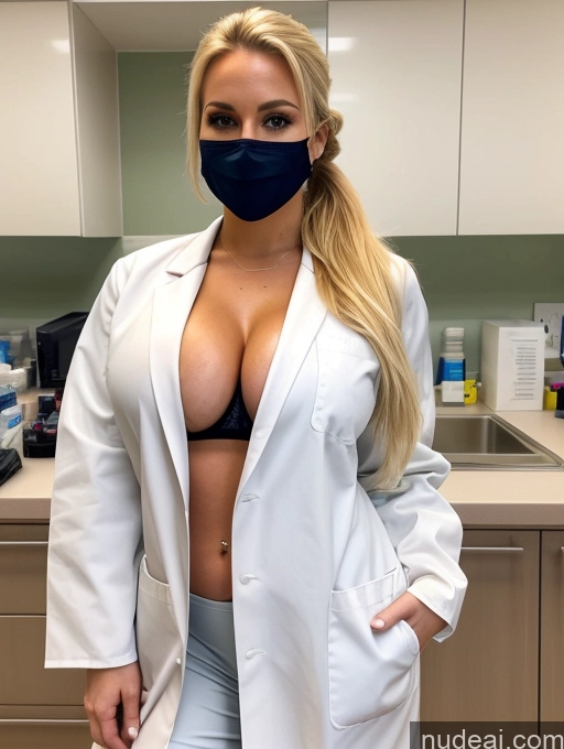 ai nude image of arafed woman in a lab coat and mask posing for a picture pics of Model Busty Perfect Boobs Small Tits Big Ass Blonde Hospital Face Mask Lab Coat Ponytail Cleavage Cooking