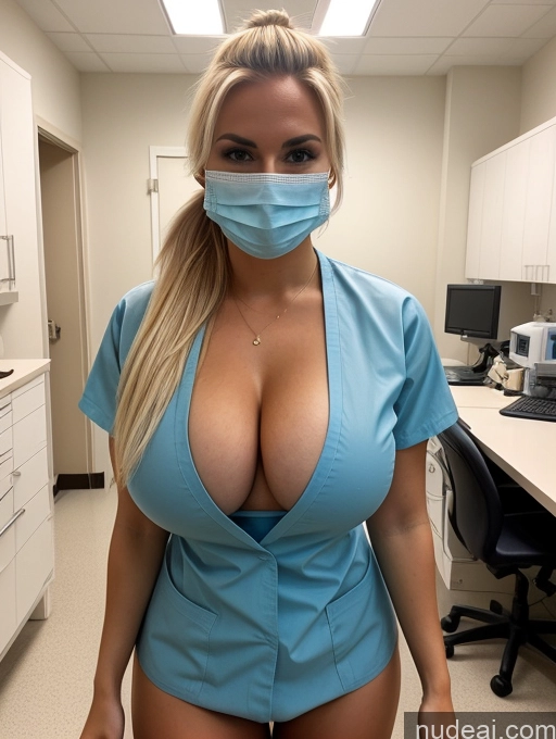 ai nude image of arafed nurse in a blue uniform with a surgical mask on pics of Model Busty Perfect Boobs Small Tits Big Ass Blonde Hospital Face Mask Lab Coat Ponytail Cleavage Create An Open Vagina