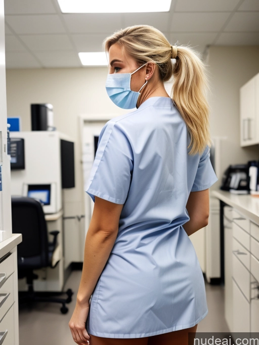 ai nude image of arafed woman in scrubs and a mask in a room pics of Model Busty Perfect Boobs Small Tits Big Ass Blonde Hospital Face Mask Lab Coat Ponytail Cleavage Back View T-pose