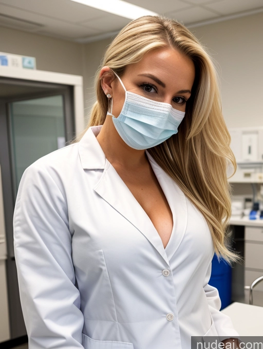 ai nude image of blonde woman in a lab coat and mask standing in a room pics of Model Busty Perfect Boobs Small Tits Big Ass Blonde Hospital Face Mask Lab Coat Ponytail Cleavage Close-up View Spreading Legs