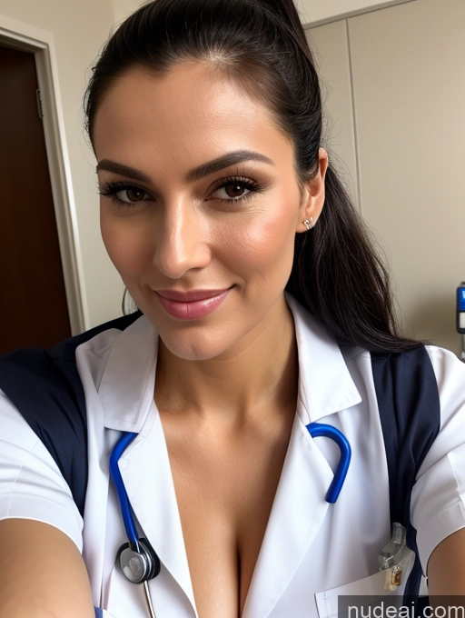 ai nude image of arafed woman in a white shirt and blue tie posing for a picture pics of Perfect Boobs Beautiful Tall 40s Seductive Laughing Hospital Doctor Cleavage Miss Universe Model Greek Black Hair Small Tits Close-up View Cumshot Ponytail