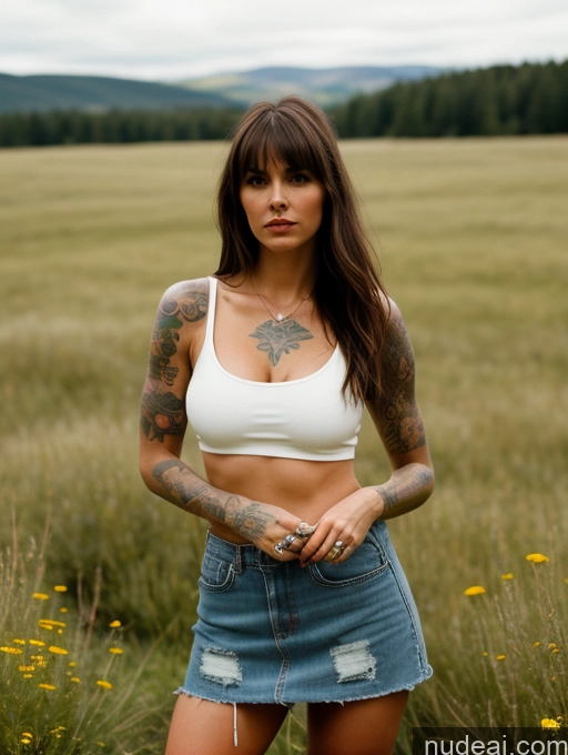 related ai porn images free for Woman Perfect Boobs Beautiful One Tattoos Perfect Body 30s Serious Brunette Bangs British Film Photo Meadow Front View Boots Tank Top Mini Skirt