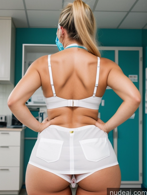 ai nude image of araffe woman in white underwear and mask standing in kitchen pics of Milf Busty Perfect Boobs Beautiful Big Ass Perfect Body Pubic Hair Blonde Ponytail Hospital Doctor Face Mask Lab Coat Cleavage Back View Ass Grab From Behind