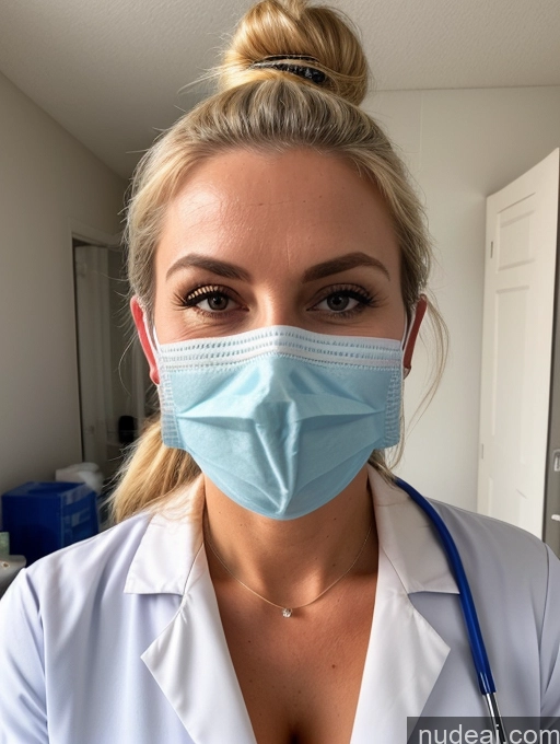 ai nude image of arafed woman wearing a surgical mask and a stethoscope pics of Milf Busty Perfect Boobs Beautiful Big Ass Perfect Body Pubic Hair Blonde Ponytail Hospital Doctor Face Mask Lab Coat Cleavage Blowjob