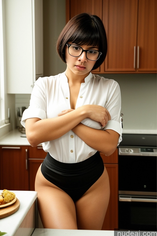 ai nude image of there is a woman in a white shirt and black panties posing in a kitchen pics of Woman Small Tits Angry Black Hair Indonesian Kitchen 18 Blouse Cleavage Two Beautiful Glasses Short Hair