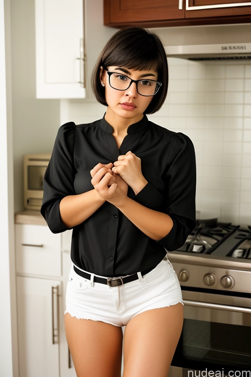 ai nude image of there is a woman in a black shirt and white shorts posing in a kitchen pics of Woman Small Tits Angry Black Hair Indonesian Kitchen 18 Blouse Cleavage Two Beautiful Glasses Short Hair