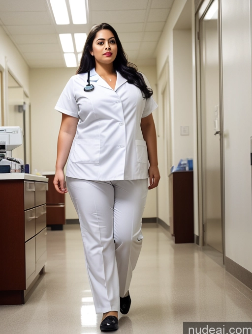 ai nude image of arafed woman in white scrub suit walking down a hospital hallway pics of Woman One Huge Boobs Lipstick Big Ass Chubby Fat Big Hips Fairer Skin 18 Sexy Face Black Hair Long Hair Persian Soft + Warm Hospital Front View Doctor