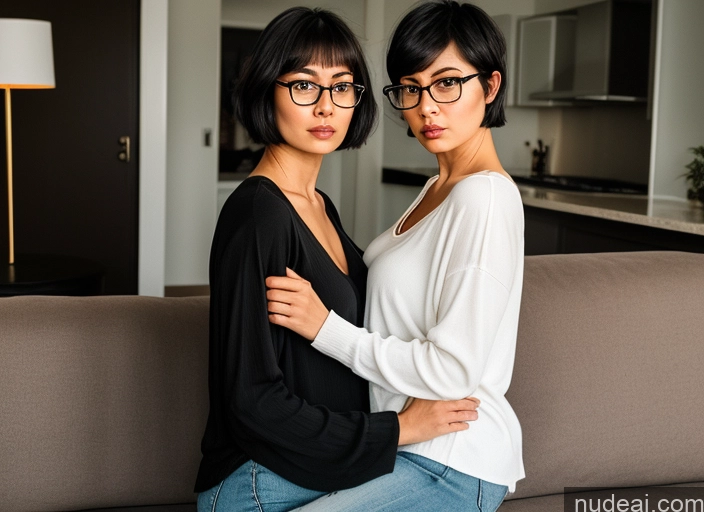 related ai porn images free for Woman Two Beautiful Glasses 30s Angry Black Hair Short Hair Indonesian Casual Cleavage Couch