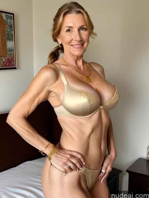 ai nude image of blond woman in a gold bra and panties posing on a bed pics of Milf Busty Small Ass Skinny Perfect Body Pubic Hair 70s Ginger Ponytail Bedroom Bra Jewelry Gold Jewelry