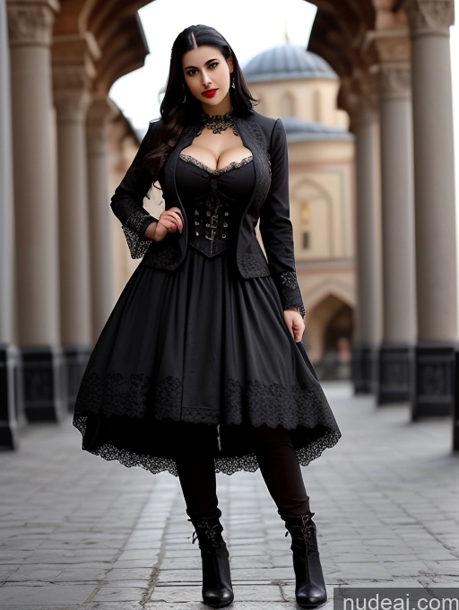 Model One Huge Boobs Muscular Big Ass Abs Huge Tits, Hard Nipples 20s Seductive Sexy Face Happy Black Hair Stockholm Casual Goth Gals V2 Vampire Victorian Boots Jacket Suit Dark Lighting Ottoman Asena Full Frontal