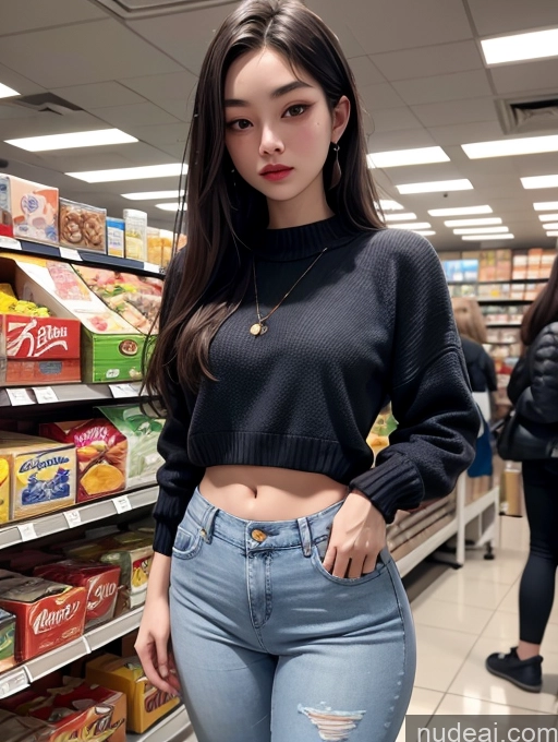 ai nude image of a woman in a black top and jeans standing in a store pics of 18 Korean Lipstick Fairer Skin Grocery Straight Skinny Big Hips Sweater Jeans