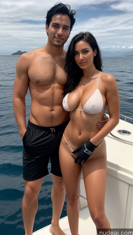 ai nude image of araffes man and woman posing on a boat in the ocean pics of Woman + Man Busty Beautiful Big Ass Thick Big Hips Perfect Body Pubic Hair Oiled Body 20s Black Hair Serious Gloves Yacht Bikini Topless