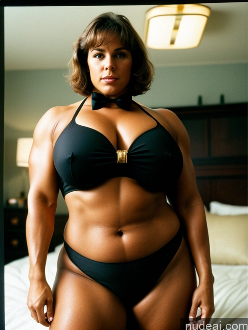 ai nude image of there is a woman in a bikini posing on a bed pics of Tanned Skin Pubic Hair 60s Brunette Bobcut German Vintage Bedroom Front View Bow Tie Gold Jewelry Dark Lighting Detailed Huge Boobs Chubby Tailcoat Bodybuilder Bending Over