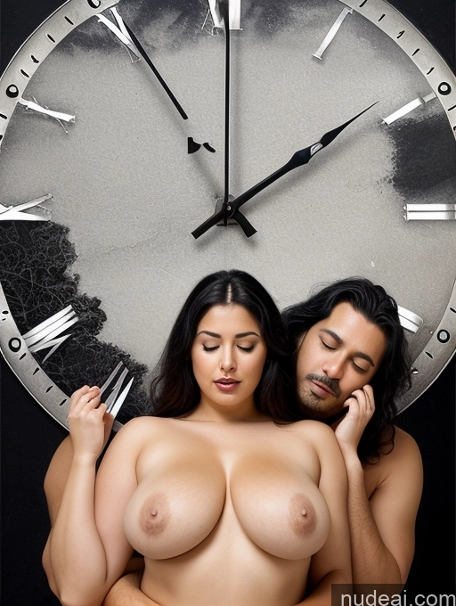 ai nude image of arafed woman with a man holding a clock in front of her pics of Woman + Man Two Busty Thick Chubby 50s Orgasm Black Hair Long Hair Indian Surrealist Office Front View On Back Nude Detailed