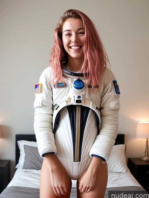 ai nude image of arafed woman in a space suit sitting on a bed pics of Woman Small Tits Skinny Perfect Body 18 Happy Orgasm Pink Hair Messy French Bedroom Front View Spreading Legs Detailed Space Suit