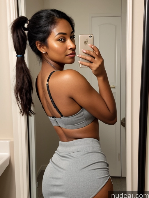 ai nude image of there is a woman taking a selfie in a bathroom mirror pics of Woman One Dark Skin Short Busty Chubby 18 Seductive Brunette Pigtails Indian Mirror Selfie Close-up View Bending Over Crop Top Micro Skirt Cleavage Bathroom