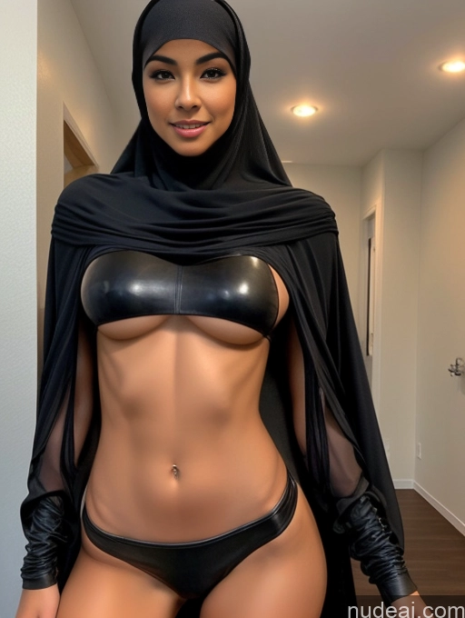 ai nude image of a close up of a woman in a black outfit and a black cape pics of Perfect Boobs Skinny Abs Perfect Body Soft + Warm Muscular Detailed Beautiful Nude Niqab Arabic Busty Leather Dress Mech Suit