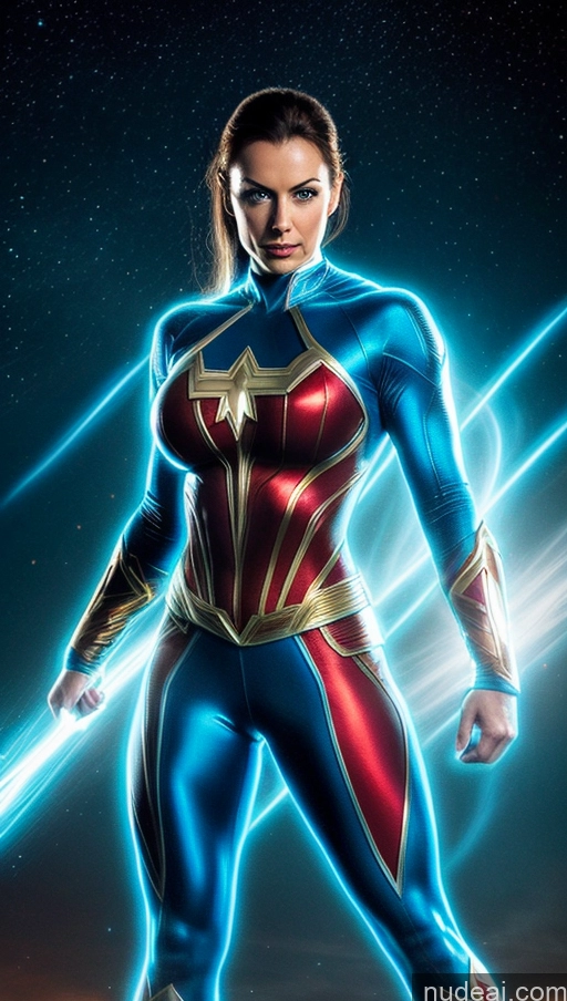 ai nude image of a woman in a blue and red costume standing in front of a blue light pics of Bodybuilder Busty Muscular Abs Deep Blue Eyes Superhero Regal Neon Lights Clothes: Blue Powering Up Blue Hair Dynamic View Heat Vision Mary Thunderbolt Space