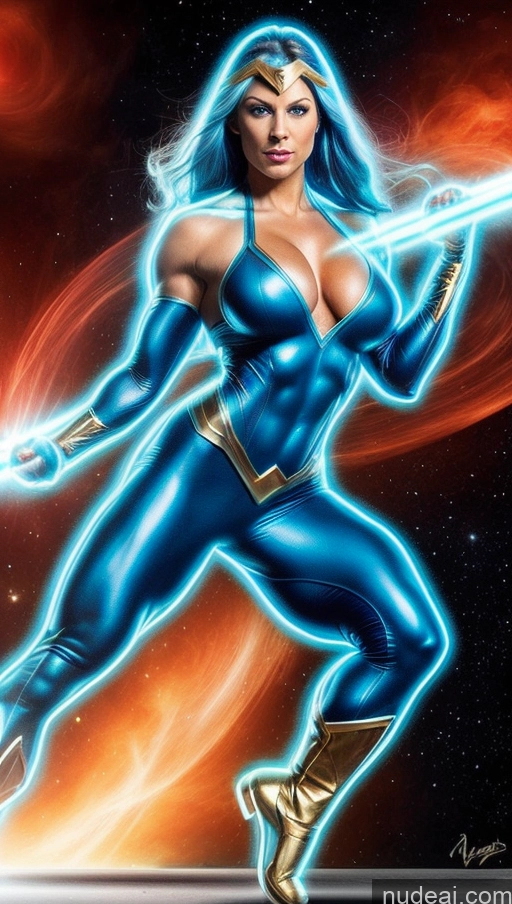 ai nude image of a woman in a blue costume holding a sword in front of a red background pics of Bodybuilder Busty Muscular Abs Deep Blue Eyes Superhero Regal Neon Lights Clothes: Blue Powering Up Blue Hair Dynamic View Heat Vision Space