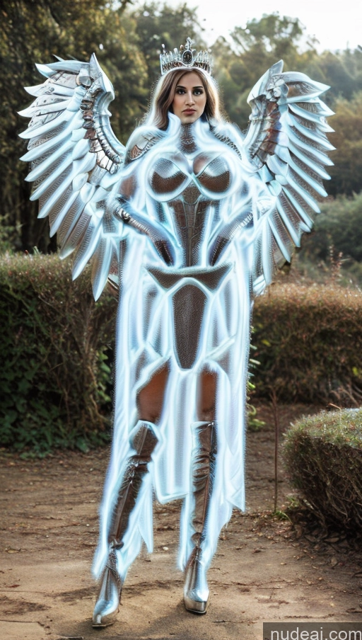 ai nude image of arafed woman in a silver costume with wings and a crown pics of Knight Busty Muscular Regal Superhero Abs Has Wings Neon Lights Clothes: Purple Neon Lights Clothes: Blue