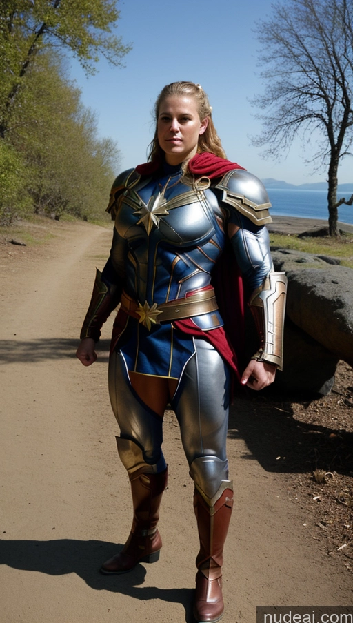 ai nude image of araffe dressed as a woman in a costume walking down a dirt road pics of Knight Captain Marvel Busty Perfect Boobs Muscular Abs Bodybuilder Viking Fantasy Armor Sci-fi Armor