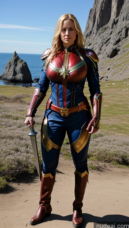 ai nude image of araffe woman in a costume with a sword standing on a dirt road pics of Knight Captain Marvel Busty Perfect Boobs Muscular Abs Viking Fantasy Armor Sci-fi Armor