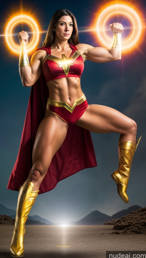 ai nude image of arafed woman in a red and gold costume holding two glowing rings pics of Mary Thunderbolt Powering Up Perfect Boobs Muscular Superhero