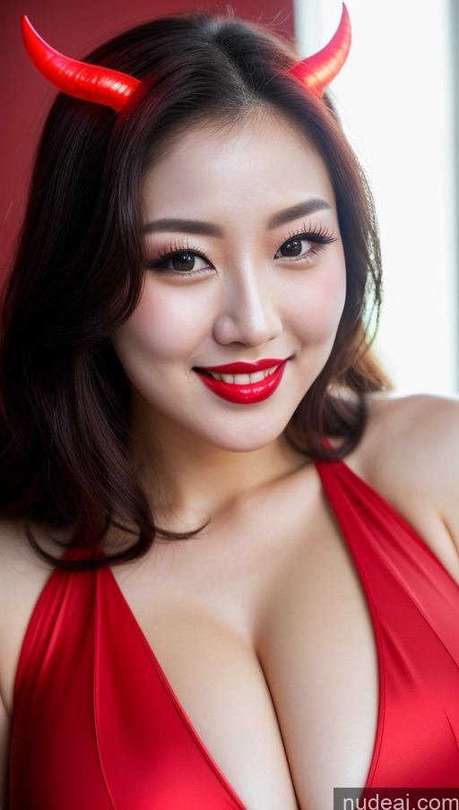 ai nude image of araffe woman in a red dress with horns and a red dress pics of Woman Huge Boobs Beautiful Lipstick Fairer Skin 30s Happy Seductive Slicked Korean Close-up View Devil Bright Lighting Sexy Face