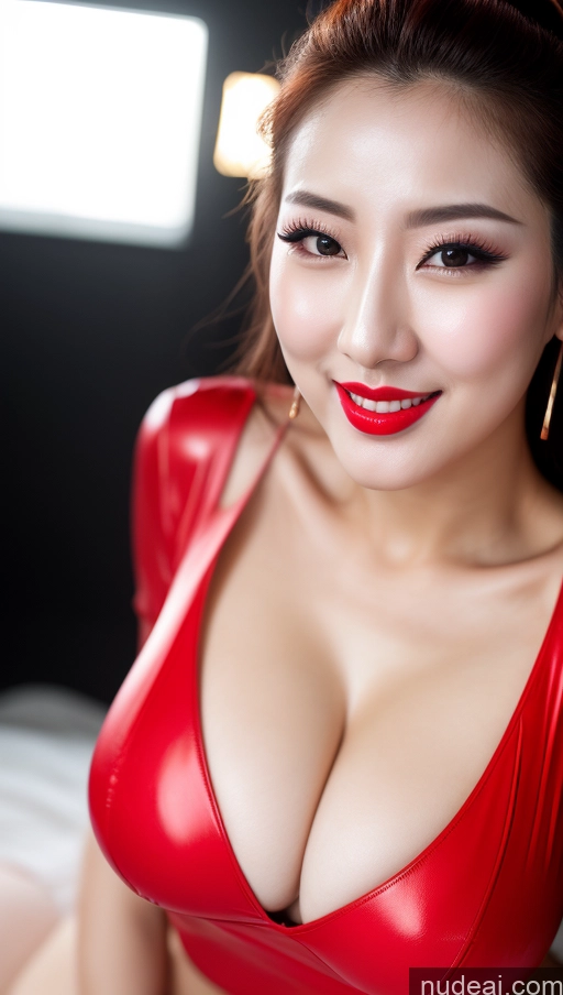 ai nude image of araffed asian woman in a red wetsuit posing for a picture pics of Woman Huge Boobs Beautiful Lipstick Fairer Skin 30s Happy Seductive Slicked Korean Close-up View Devil Bright Lighting Sexy Face