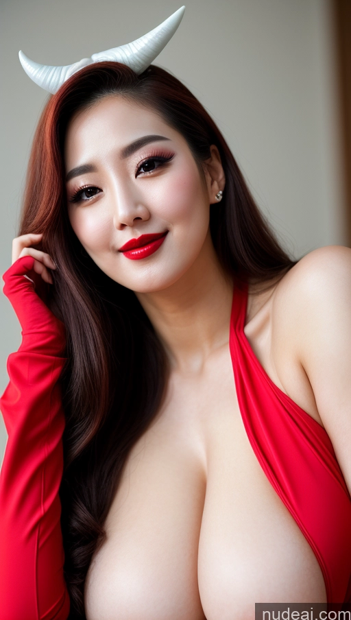 ai nude image of araffed asian woman in red dress with horns and red lipstick pics of Woman Huge Boobs Beautiful Lipstick Fairer Skin 30s Happy Seductive Slicked Korean Close-up View Devil Bright Lighting Sexy Face