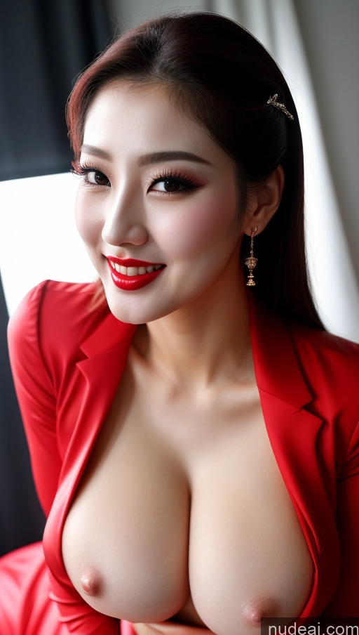 ai nude image of araffe asian woman with big breast posing for a picture pics of Woman Huge Boobs Beautiful Lipstick Fairer Skin 30s Happy Seductive Slicked Korean Close-up View Devil Bright Lighting Sexy Face