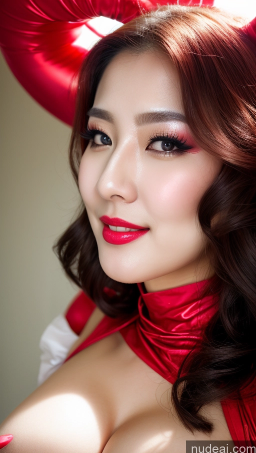 ai nude image of araffe woman with red horns and a red dress posing for a picture pics of Woman Huge Boobs Beautiful Lipstick Fairer Skin 30s Happy Seductive Slicked Korean Close-up View Devil Bright Lighting Sexy Face