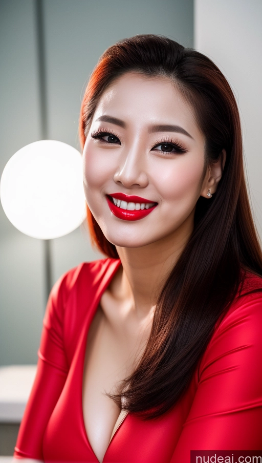 ai nude image of arafed asian woman in red dress smiling at camera pics of Woman Huge Boobs Beautiful Lipstick Fairer Skin 30s Happy Seductive Slicked Korean Close-up View Devil Bright Lighting Sexy Face