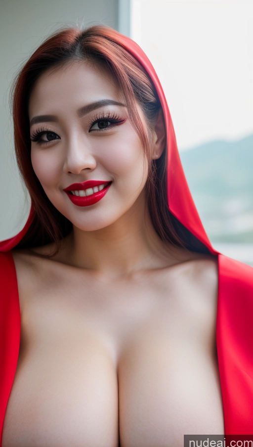 ai nude image of arafed asian woman with red cape posing for a picture pics of Woman Huge Boobs Beautiful Lipstick Fairer Skin 30s Happy Seductive Slicked Korean Close-up View Devil Bright Lighting Sexy Face