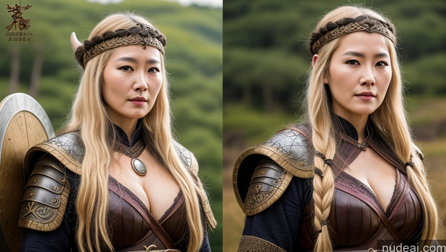 ai nude image of arafed woman in armor with a sword and shield in a field pics of Perfect Boobs Korean 50s Viking