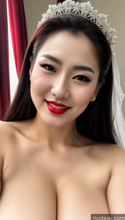 ai nude image of arafed asian woman with a tiara and a veil posing for a picture pics of Woman Huge Boobs Beautiful Lipstick Fairer Skin 30s Happy Seductive Slicked Korean Close-up View Devil Wedding Bright Lighting Sexy Face