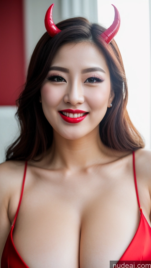 ai nude image of araffed asian woman in red lingerie with horns and red lipstick pics of Woman Huge Boobs Beautiful Lipstick Fairer Skin 30s Happy Seductive Slicked Korean Close-up View Devil Wedding Bright Lighting Sexy Face