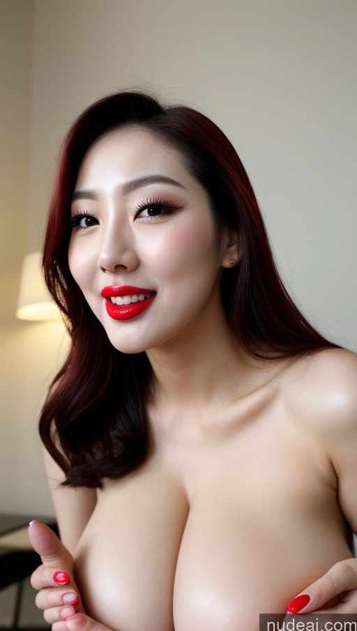 ai nude image of arafed asian woman with red nails and red lipstick posing for a picture pics of Woman Huge Boobs Beautiful Lipstick Fairer Skin 30s Happy Seductive Slicked Korean Close-up View Devil Blowjob Bright Lighting